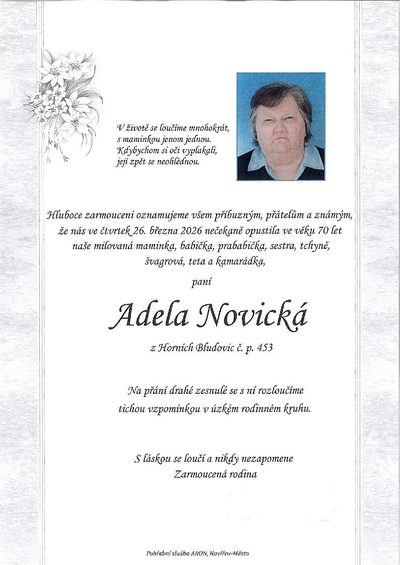 Smuteční oznámení – Adela Novická