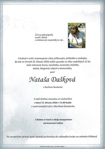 Smuteční oznámení – Nataša Dašková