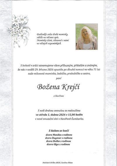 Smuteční oznámení – Božena Krejčí