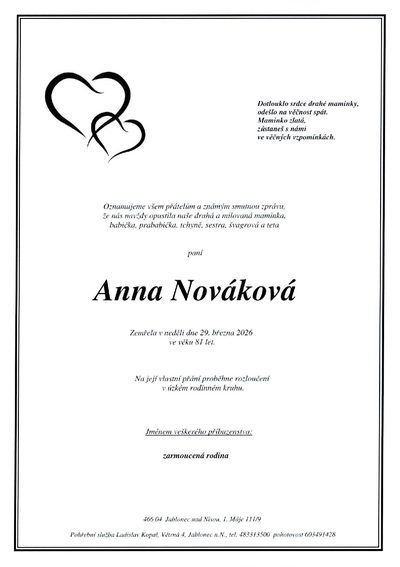Smuteční oznámení – Anna Nováková