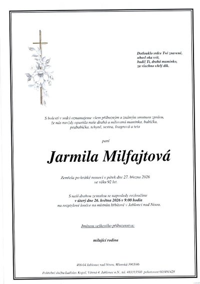 Smuteční oznámení – Jarmila Milfajtová