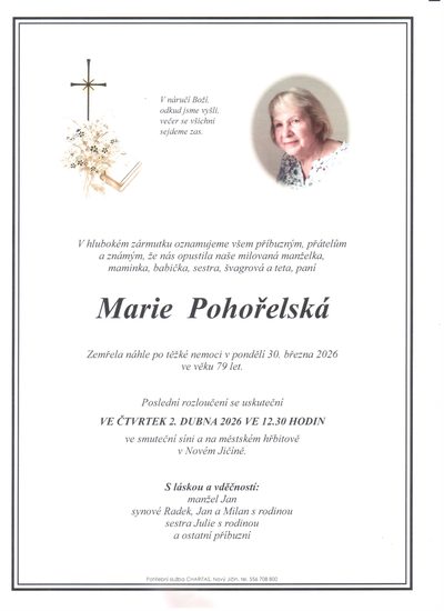 Smuteční oznámení – Marie Pohořelská