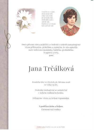 Smuteční oznámení – Jana Trčálková