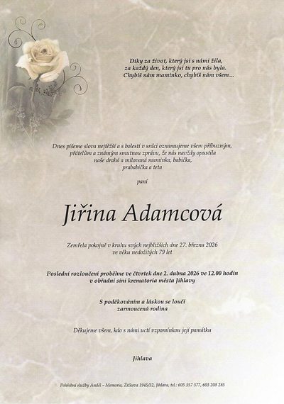Smuteční oznámení – Jiřina Adamcová