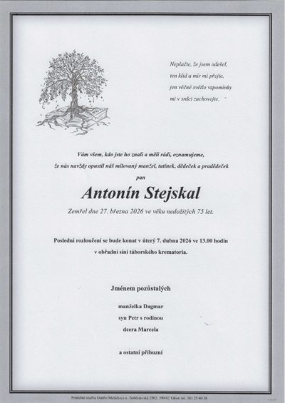 Smuteční oznámení – Antonín Stejskal