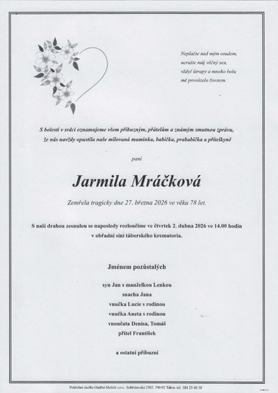 Smuteční oznámení – Jarmila Mráčková