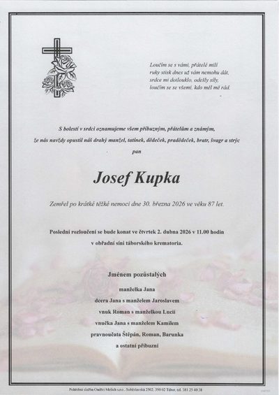 Smuteční oznámení – Josef Kupka