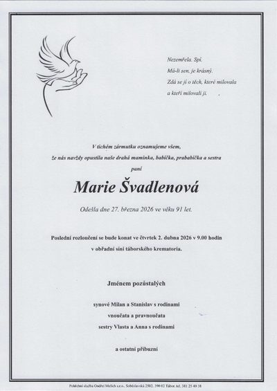 Smuteční oznámení – Marie Svadlenová