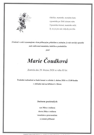 Smuteční oznámení – Marie Čoudková