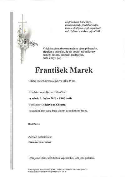Smuteční oznámení – František Marek