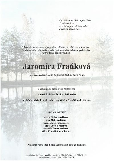 Smuteční oznámení – Jaromíra Fraňková