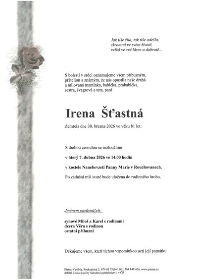Smuteční oznámení – Irena Šťastná