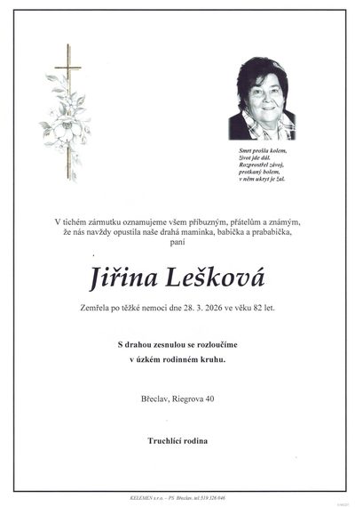 Smuteční oznámení – Jiřina Lešková