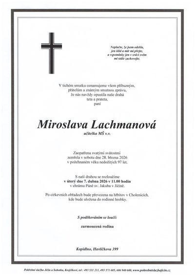 Smuteční oznámení – Miroslava Lachmanová