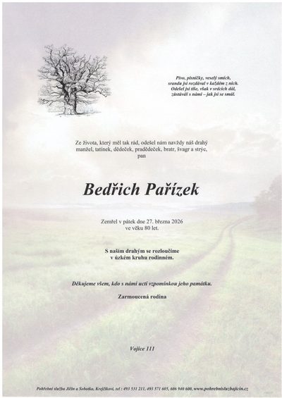 Smuteční oznámení – Bedřich Pařízek