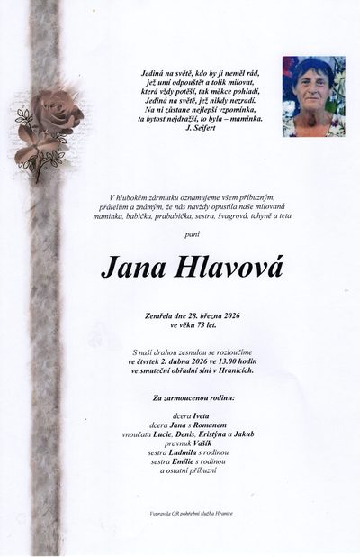 Smuteční oznámení – Jana Hlavová