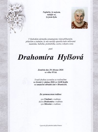 Smuteční oznámení – Drahomíra Hylšová