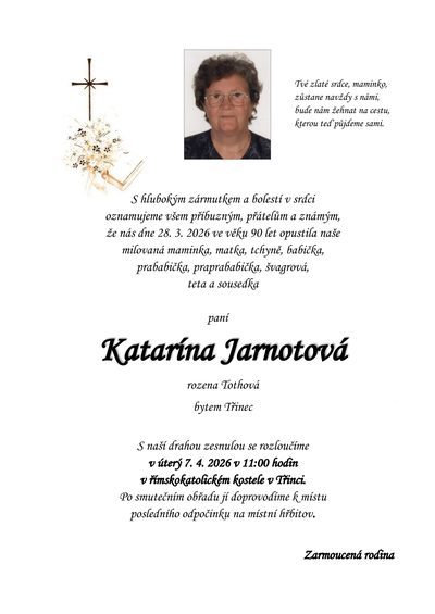 Smuteční oznámení – Katarína Jarnotová