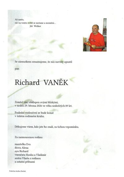 Smuteční oznámení – Richard Vaněk