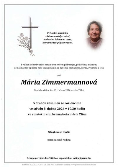 Smuteční oznámení – Mária Zimmermannová