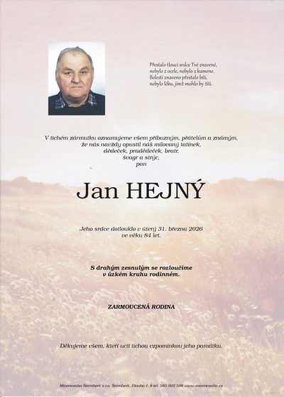 Smuteční oznámení – Jan Hejný