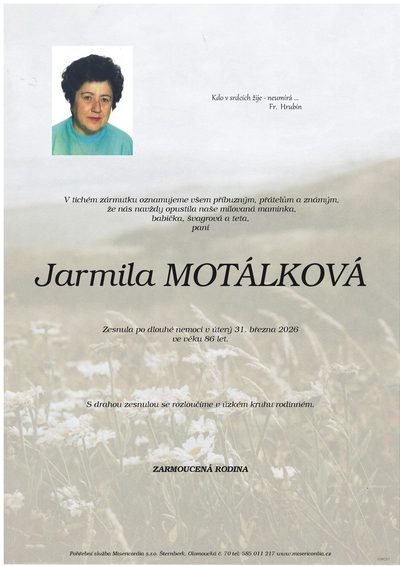 Smuteční oznámení – Jarmila Motálková