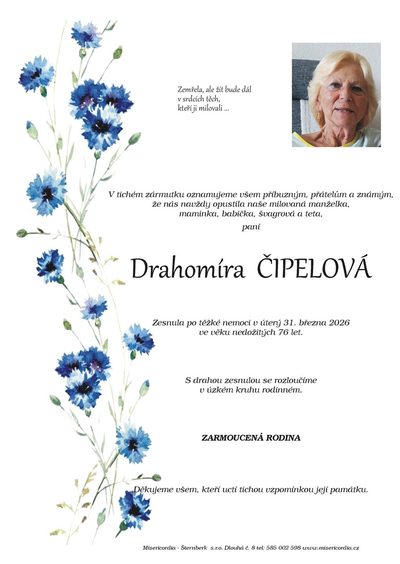 Smuteční oznámení – Drahomíra Čipelová