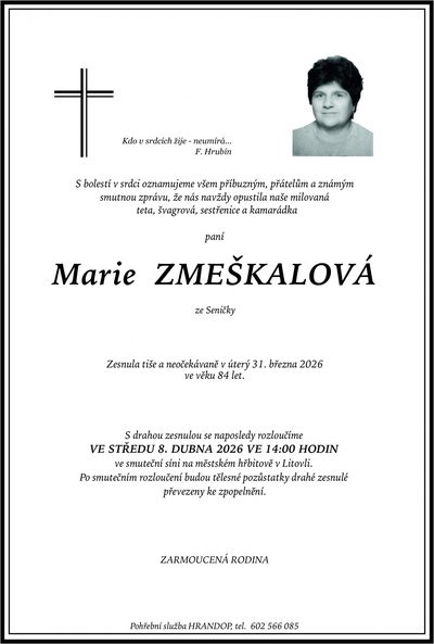 Smuteční oznámení – Marie Zmeškalová