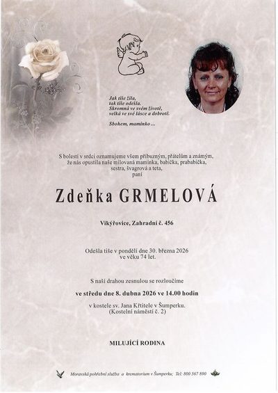 Smuteční oznámení – Zdeňka Grmelová