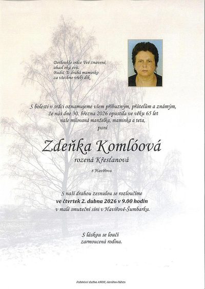 Smuteční oznámení – Zdeňka Komlóová