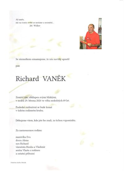 Smuteční oznámení – Richard Vaněk