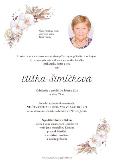 Smuteční oznámení – Eliška Šimíčková