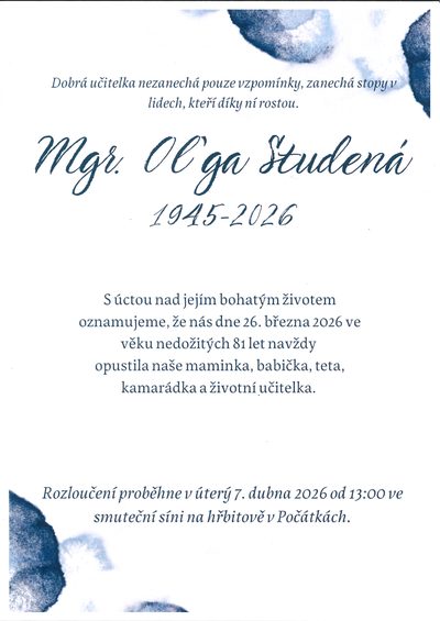 Smuteční oznámení – Oľga Studená