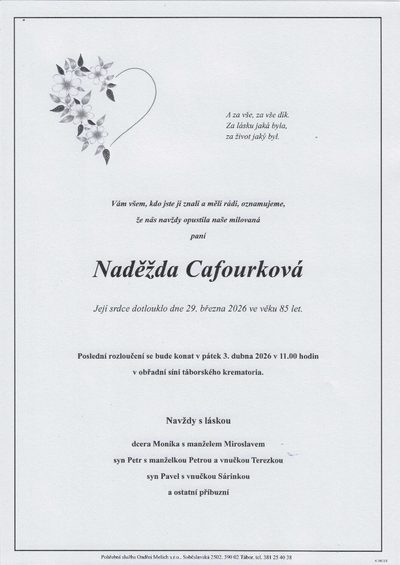 Smuteční oznámení – Naděžda Cafourková