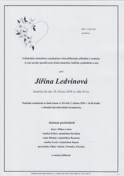 Smuteční oznámení – Jiřina Ledvinová