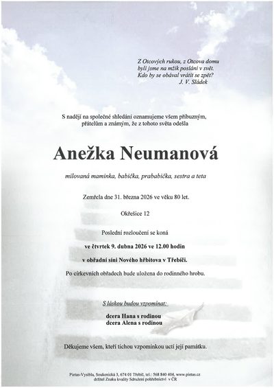 Smuteční oznámení – Anežka Neumanová