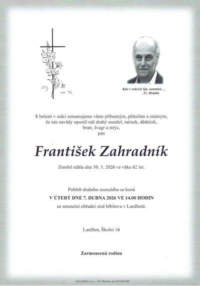 Smuteční oznámení – František Zahradník