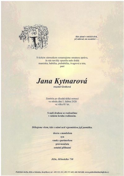 Smuteční oznámení – Jana Kytnarová