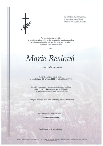 Smuteční oznámení – Marie Reslová
