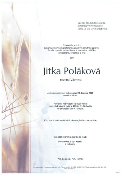 Smuteční oznámení – Jitka Poláková