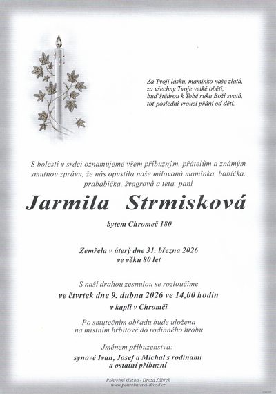 Smuteční oznámení – Jarmila Strmisková