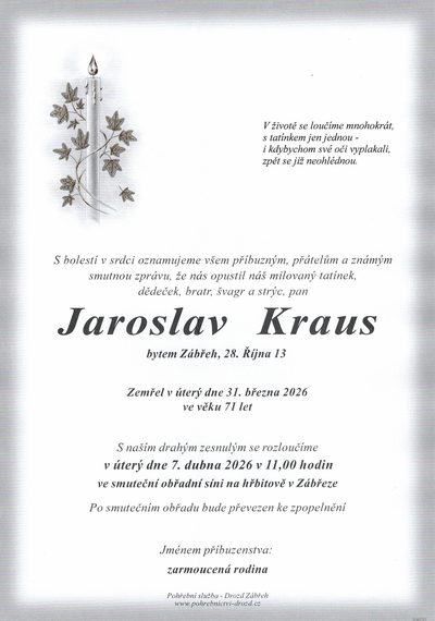 Smuteční oznámení – Jaroslav Kraus