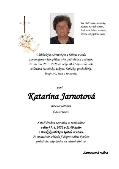 Smuteční oznámení – Katarína Jarnotová