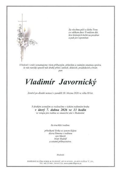 Smuteční oznámení – Vladimír Javornický