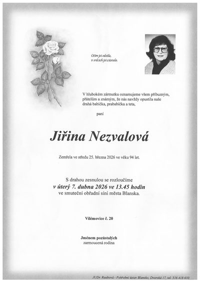 Smuteční oznámení – Jiřina Nezvalová