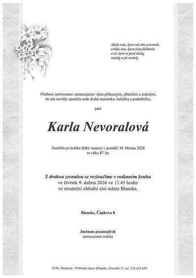Smuteční oznámení – Karla Nevoralová