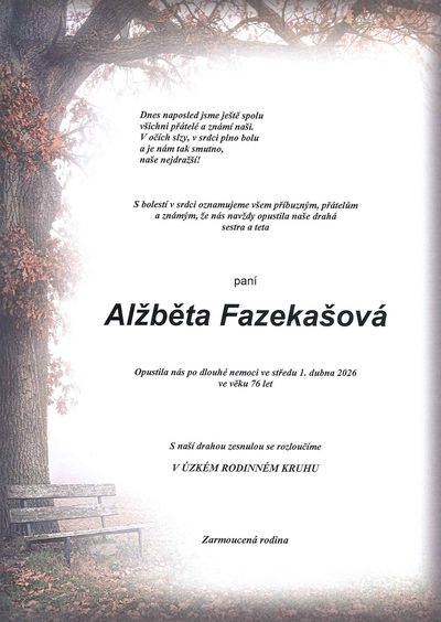 Smuteční oznámení – Alžběta Fazekašová