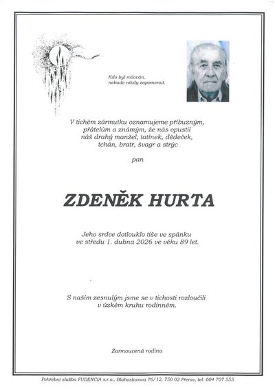 Smuteční oznámení – Zdeněk Hurta