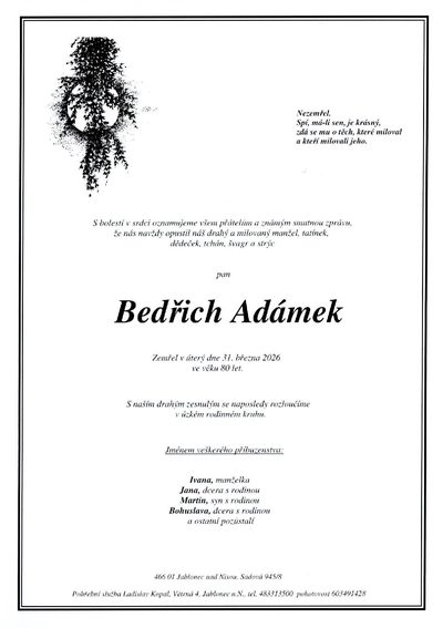 Smuteční oznámení – Bedřich Adámek