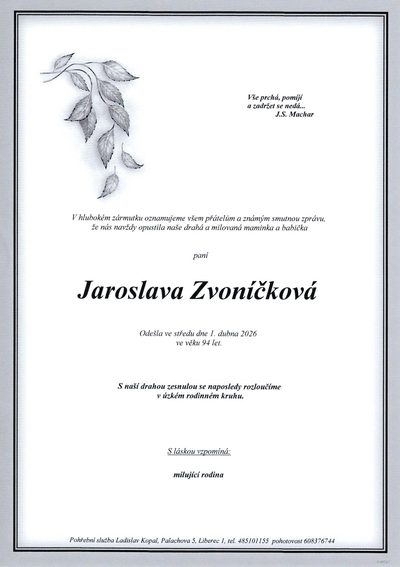 Smuteční oznámení – Jaroslava Zvoníčková